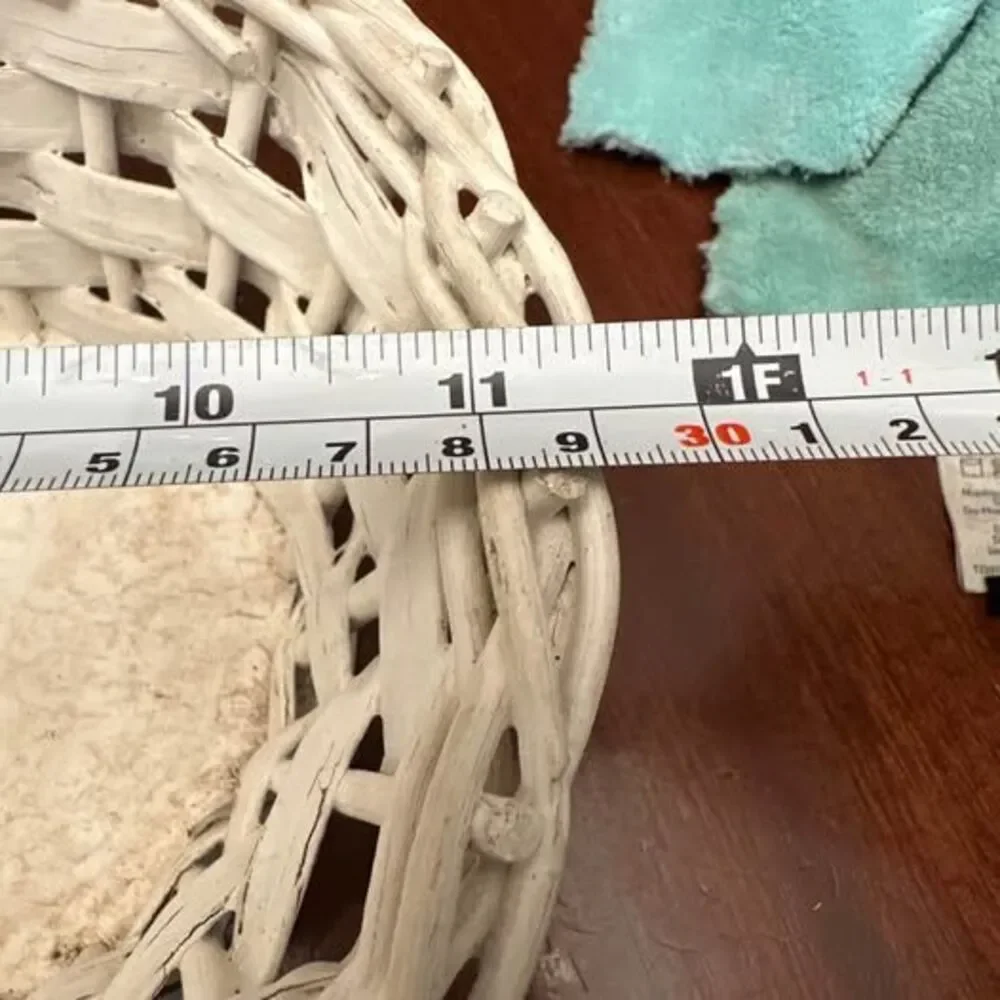 Vintage White Wicker Woven Basket with Wood Bottom